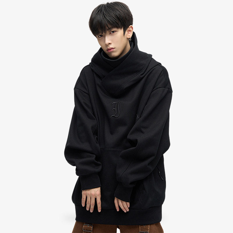 a japanese man is dressed with the Harajuku Tokyo hoodie. Its a black japanese hoodie inspired by black minimalism outfit 