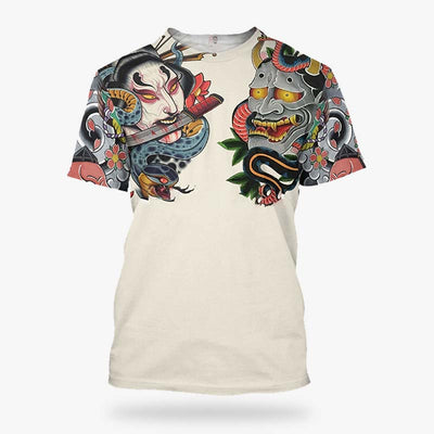 The irezumi t-shirt is made from quality cotton. The white fabric is printed with Japanese symbols representing a Yurei ghost and an Oni Hannya mask. This Japanese t-shirt is inspired by the tattoo art of the Yakuza.