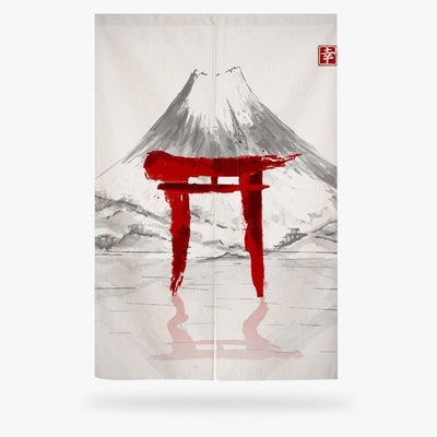 Artistic depiction of Mount Fuji with a red torii gate on a Japanese Curtain Door with a light gray background