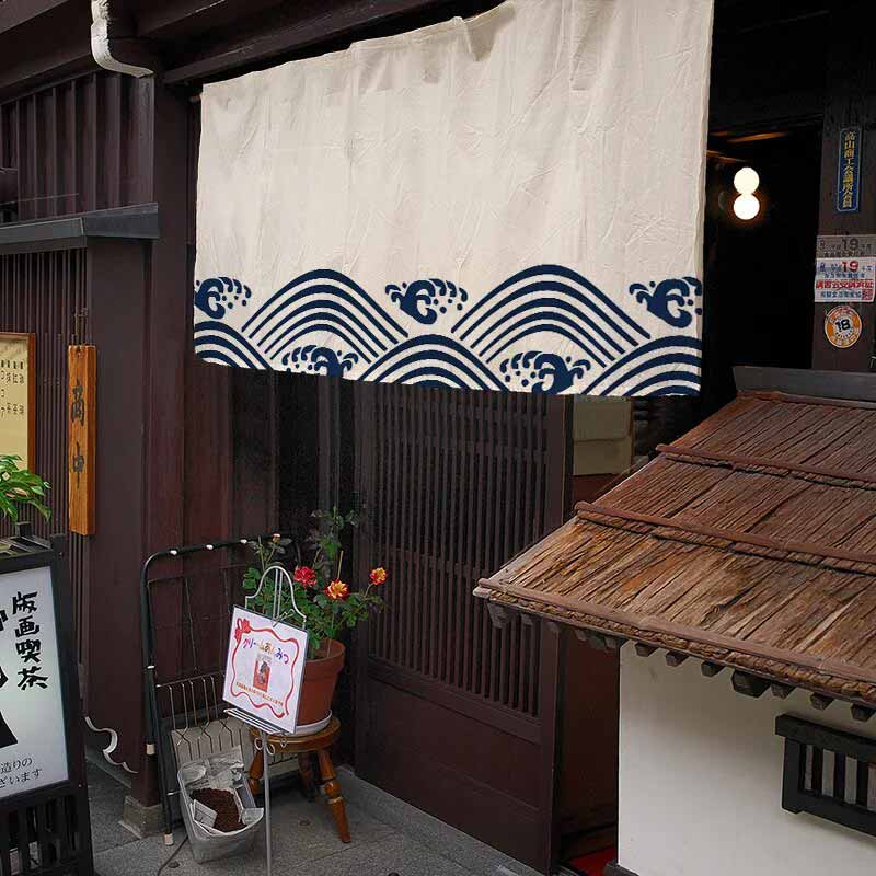 a Traditional Japanese Curtain Panel entrance with a decorative japanese wave patterns.