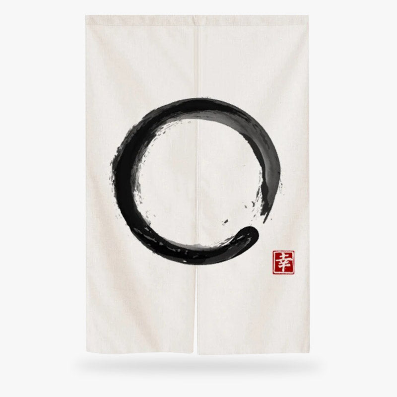 a Japanese Curtains For Doorway made with a White fabric and black circular design and red stamp-like zen infinity symbol on a white background