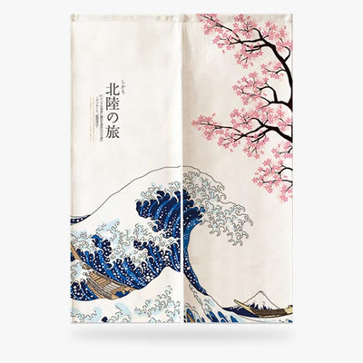 Decorative Japanese Door Curtain panel with wave and cherry blossom design on a white background