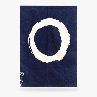 a Japanese Doorway Curtain  with white zen circular design on a navy background
