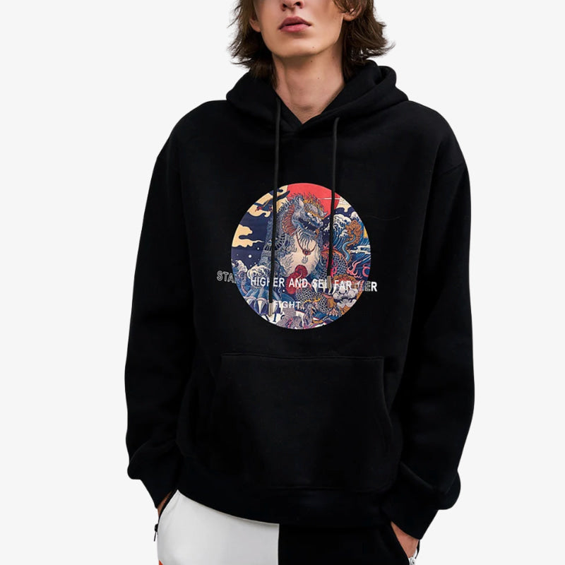 A black Japanese Hoodies For Men with a colorful graphic design on a white background