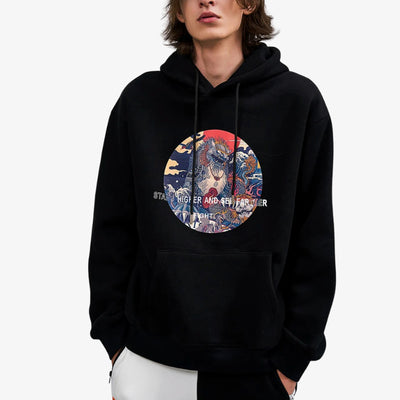 A black Japanese Hoodies For Men with a colorful graphic design on a white background