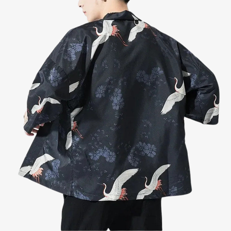 Traditional Japanese Kimono Jacket Menwith crane and floral patterns on a white background