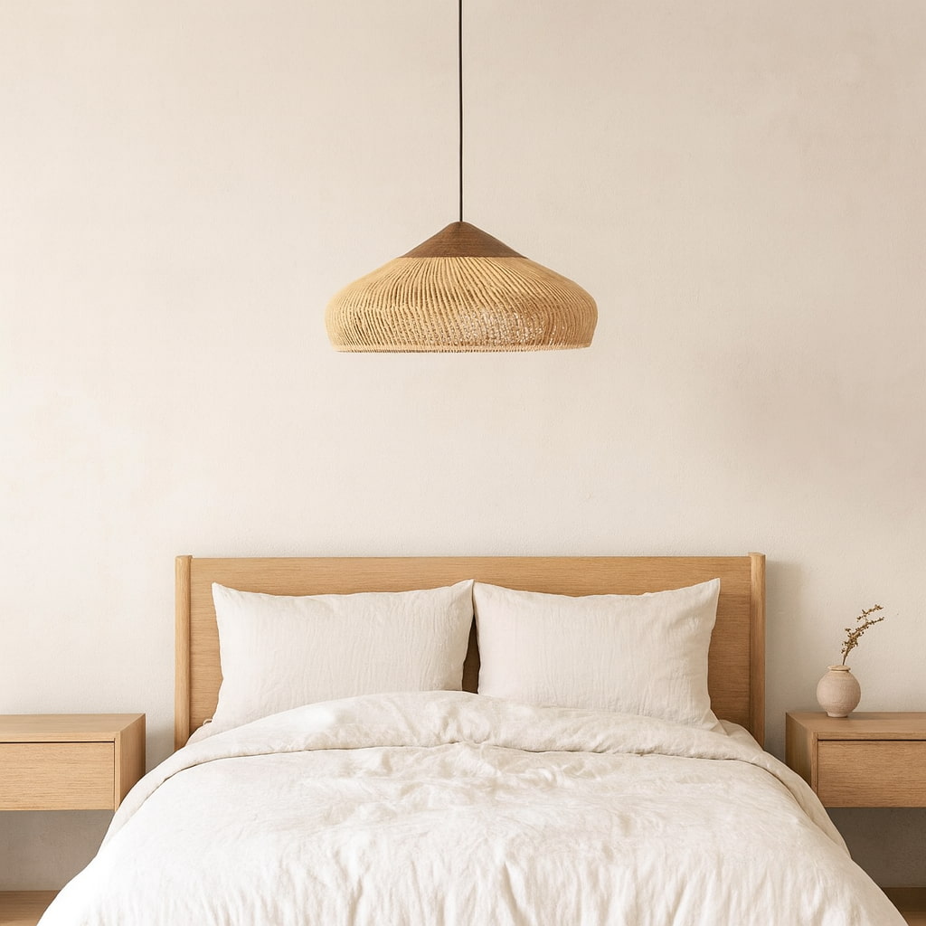 Bedroom with wooden headboard, white bedding, and woven Japanese Lamp Ceiling pendant light.