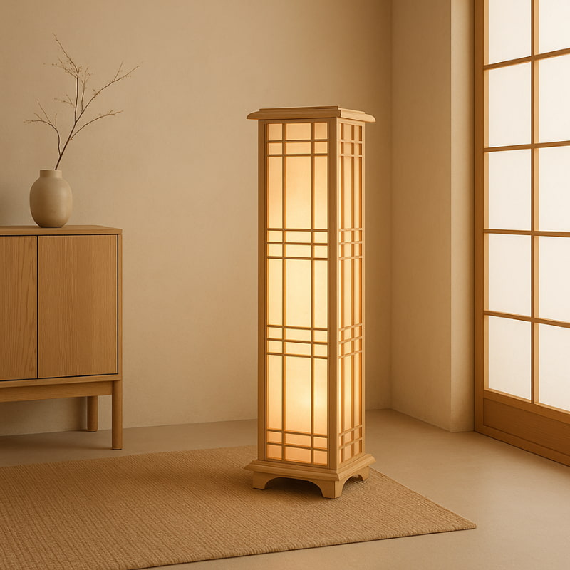 Traditional Japanese-Lantern-Floor-Lamp in a Japandi room with wooden furniture and a shoji panel window.