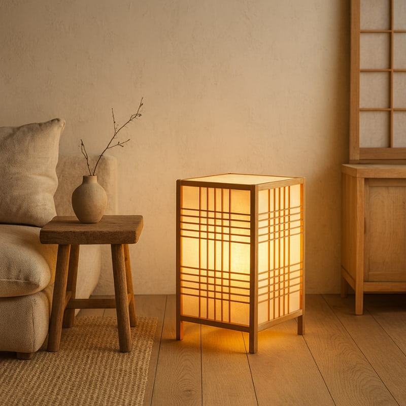 A Wooden japanese light with grid design made with shoji paper material on a wooden floor in a warm-toned room.