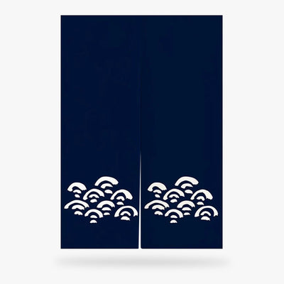 a Navy blue fabric of a Japanese Noren Curtain with white Japanese wave patterns on a white background