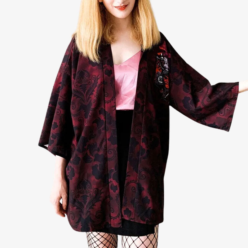 a women is dressed with a red Onna Bugeisha Kimono