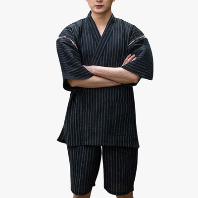 Dress up with a Japanese Pajama Mens made with cotton and linen fabric. The summer Kimono is black color with stripes