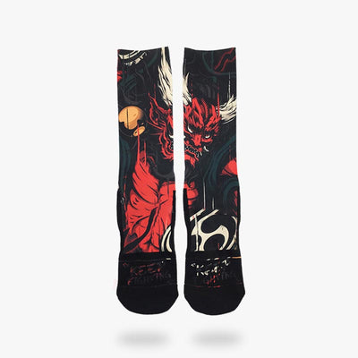 The Japanese print socks symbolizes a Japanese god. It is the kami raijin. Two red cotton japanese socks
