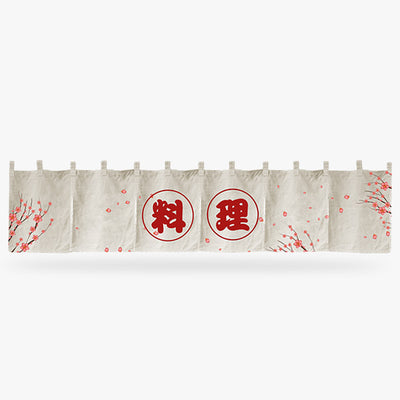 a Japanese Restaurant Curtain Textile with red  japanese kanjo characters and sakura flowers on a light background