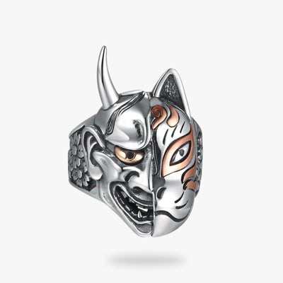 This Japanese silver ring is a face of the demon Oni and also a face of Kitsune: the Japanese fox god.