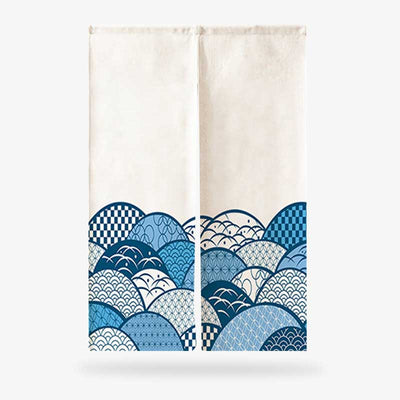 Pair of Japanese Style Curtains with Japanese blue wave pattern on a white background