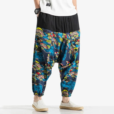 Japanese-style pants mens are comfy baggy with traditional japanese patterns printed on the lightweight fabric.