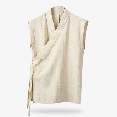 A WHITE japanese style t-shirt made with linen material. Shit sleeveless with v collar kimono