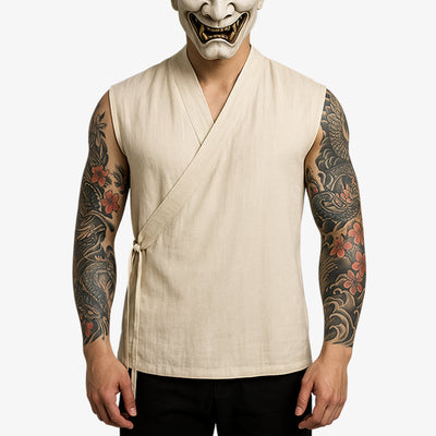 a cream sleeveness Japanese style t-shirts showcasing traditional zen outfit and modern design, suitable for both casual and fashion-forward wear.