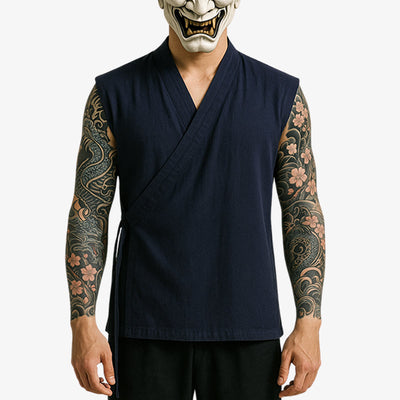 a dark blue Japanese tee shirts for men featuring simple cuts and sleeveness blending traditional aesthetics with urban fashion.