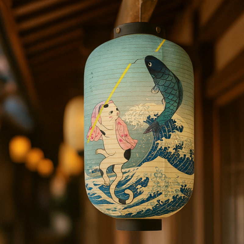 Decorative Japanese Traditional Lantern with a Maenki Neko cat, a koi carp and the Ukiyo-e Kanagawa wave from Hokusai on a blurred background