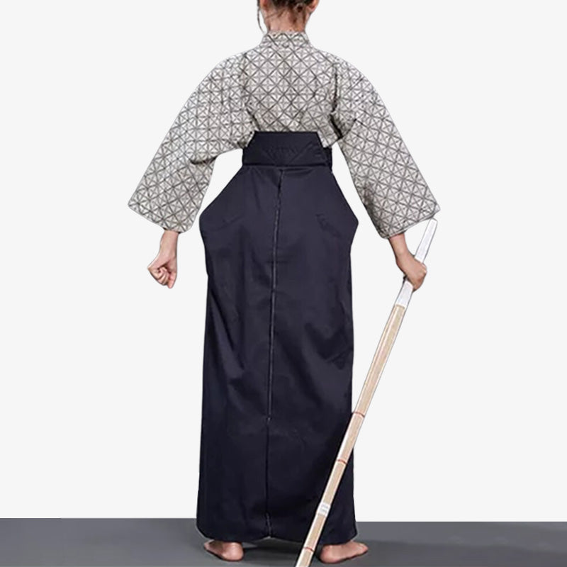 A girl wearing a japanese haama pants women and a geometric design keikogi