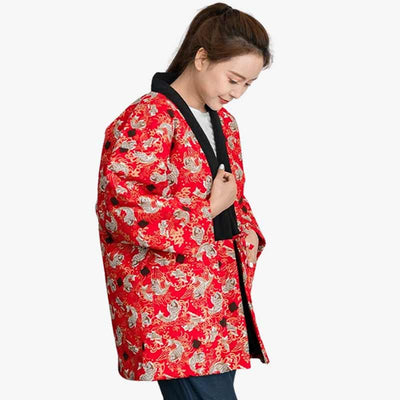 A red coat Japanese Hanten Women with Carp Koi pattern