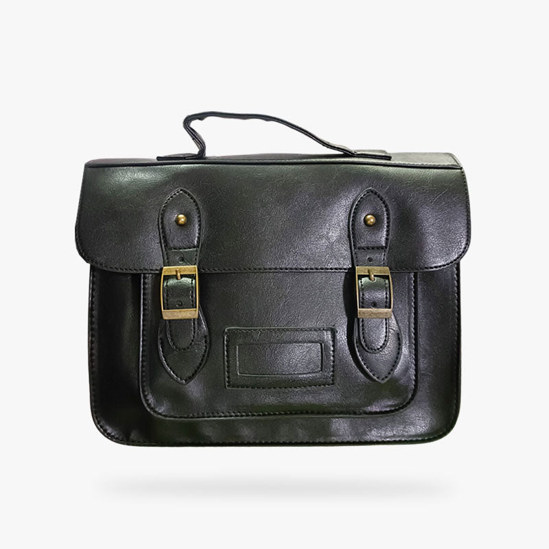 This Japanese student bag is black and made of synthetic leather. It's a vintage backpack in the Japanese student or schoolboy style.