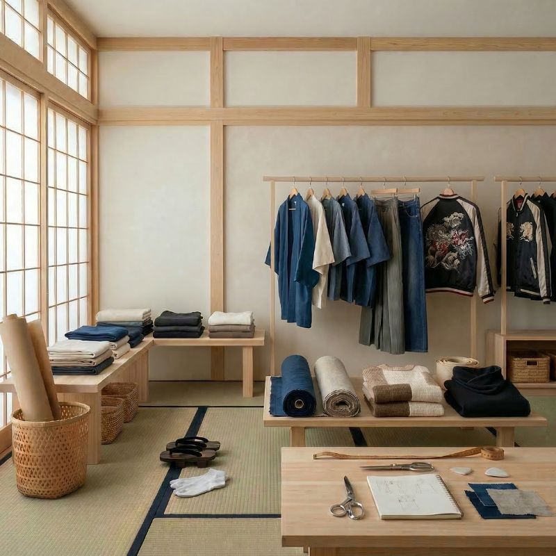 Japanese-style room with clothing racks and folded garments