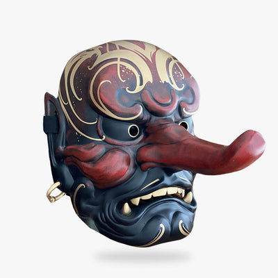 Japanese tengu mask with a long noise. This oni mask is red painted with gold color decoration.