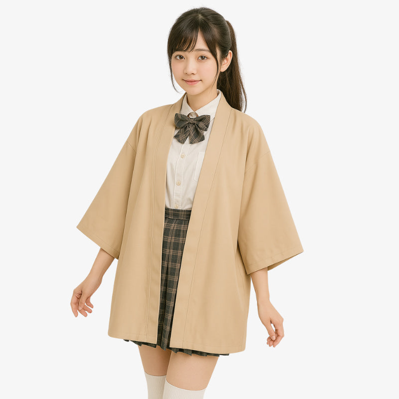 a Japanese student wearing a beige Kimono Jackets Women coat over a Japanese school uniform on a white background