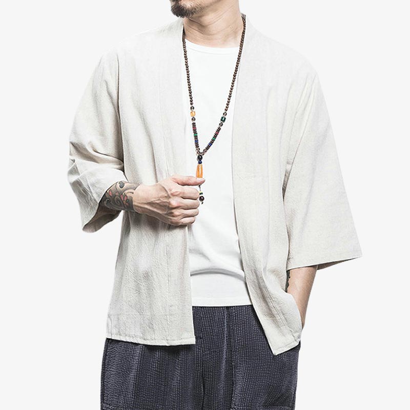 This kimono cardigan white jacket is a Japanese man's garment. It is a haori that is worn with a traditional Japanese style.