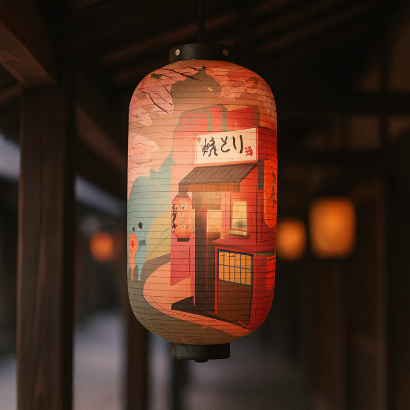 Decorative Lamp Harajuku with Japanese design and Kanji text, hanging against a dark background.