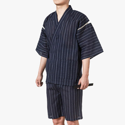 This Men Jinbei is made up of short shorts and a short-sleeved kimono top. They are traditional Japanese pyjamas