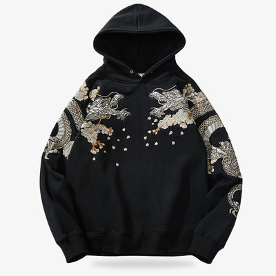 Black Mens Japanese Hoodies with dragon embroidery on a white background