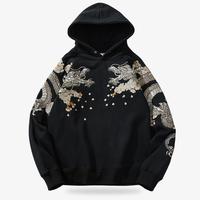 Black Mens Japanese Hoodies with dragon embroidery on a white background