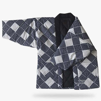 This kimono coat is a Mens Japanese Jacket in a traditional Japanese wagara pattern. It is an emblematic Japanese garment that is worn over the kimono.
