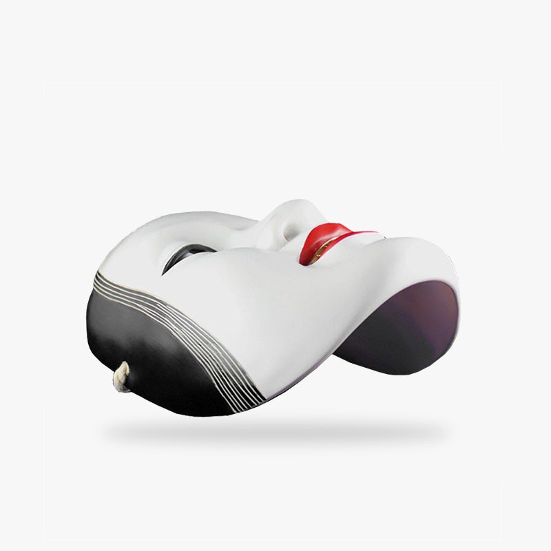 This no Theater mask is white. The Japanese mask is made of resin. This Japanese theater mask is the face of a woman.