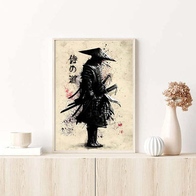 This painting samurai is made of canvas paper. A samurai in armour and with katana stands drawn on the canvas.