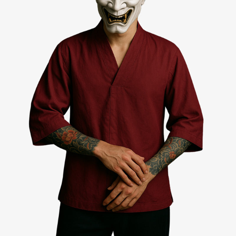 Red Japanese t-shirt with traditional japanese zen style clothes, combining bold visuals with the energy of Japanese street fashion