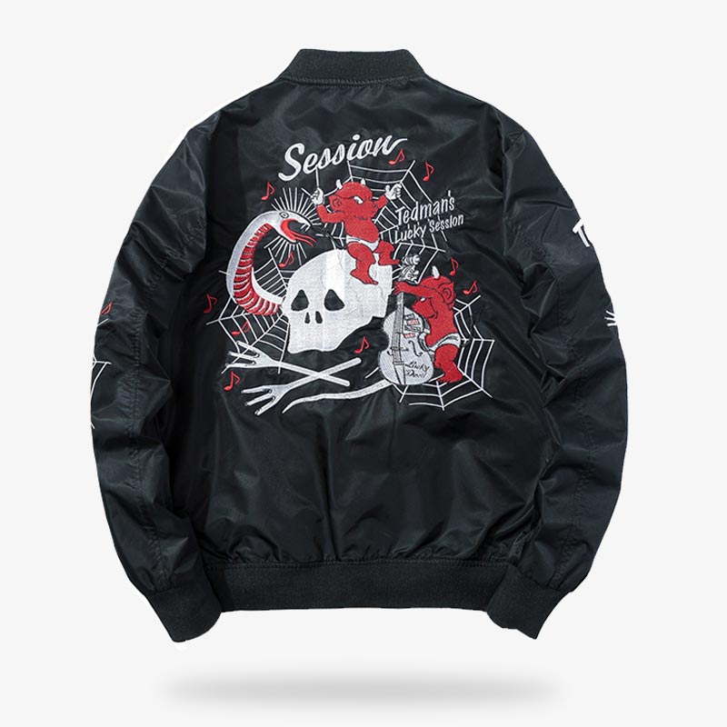 This black satin Japanese bomber is a sukajan souvenir jacket. It's a popular Japanese fashion coat with prints on the back.. Our Sukajan Souvenir Jacket captures the heart of Tokyo street style with its vibrant colors and detailed embroidery