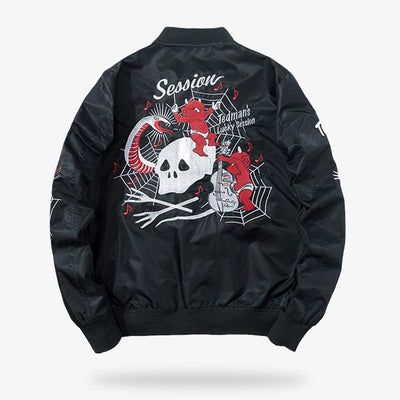 This black satin Japanese bomber is a sukajan souvenir jacket. It's a popular Japanese fashion coat with prints on the back.. Our Sukajan Souvenir Jacket captures the heart of Tokyo street style with its vibrant colors and detailed embroidery