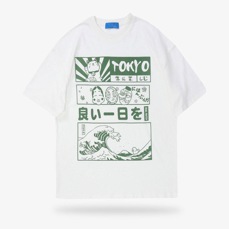 This outfit is a tokyo japan t shirt. It is a casual t-shirt with Japanese Kanji motifs, the great wave of Kanagawa. 100% cotton, white T-shirt