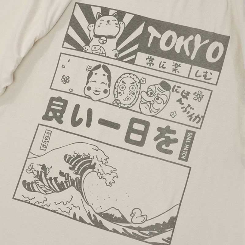 This Tokyo t-shirt material is printed on fabric with traditional Japanese motifs such as Kanji, the Japanese wave and No masks.