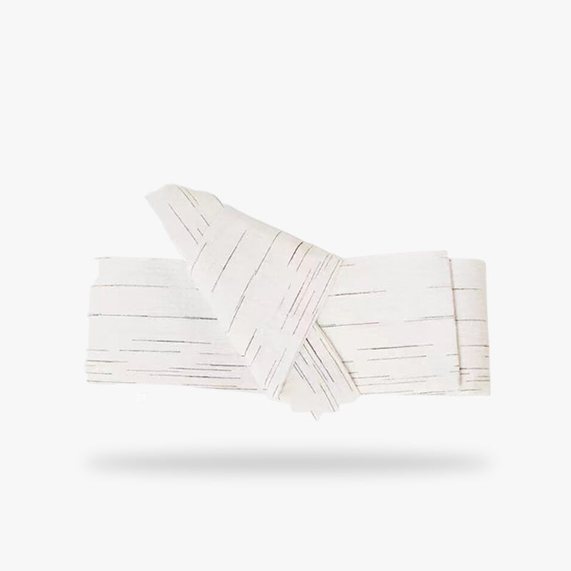 A white obi belt with vertical line motifs. The Obi knot is used to tie the man's Japanese kimono.