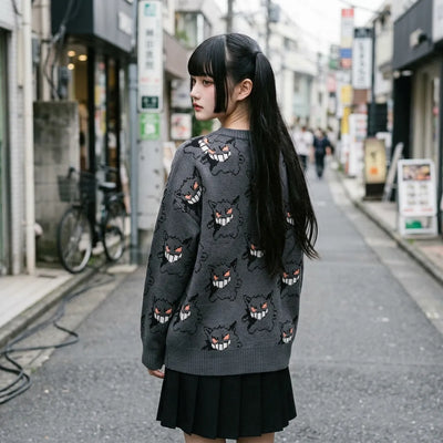 Gray sweater displayed from behind showing the ghost face pattern continuing across the back and sleeves