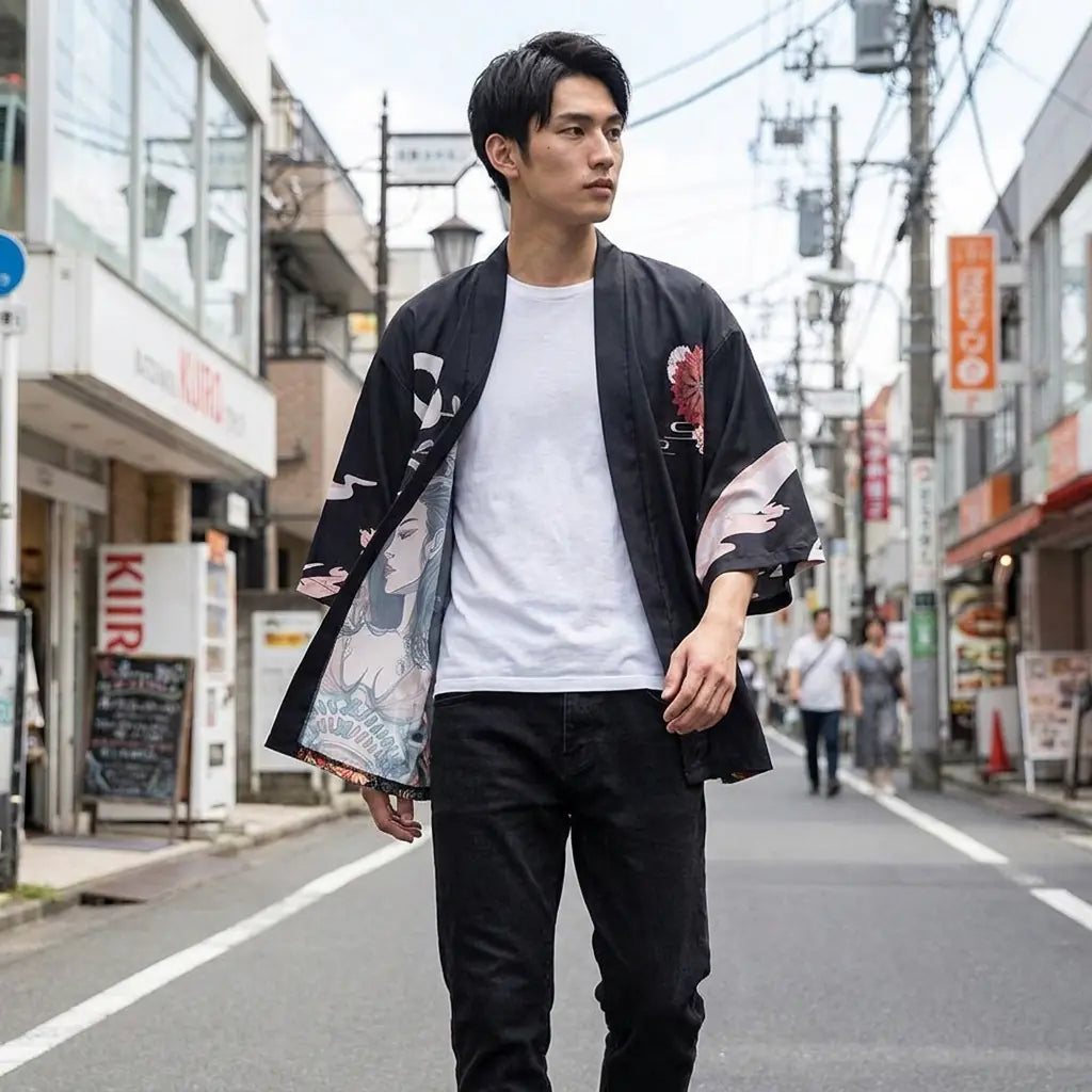 Man wearing a anime haori in a Harajuku street in Tokyo, front view