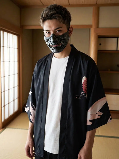 Man wearing a anime haori in a Japanese washitsu room with shoji screens, waist-up front view