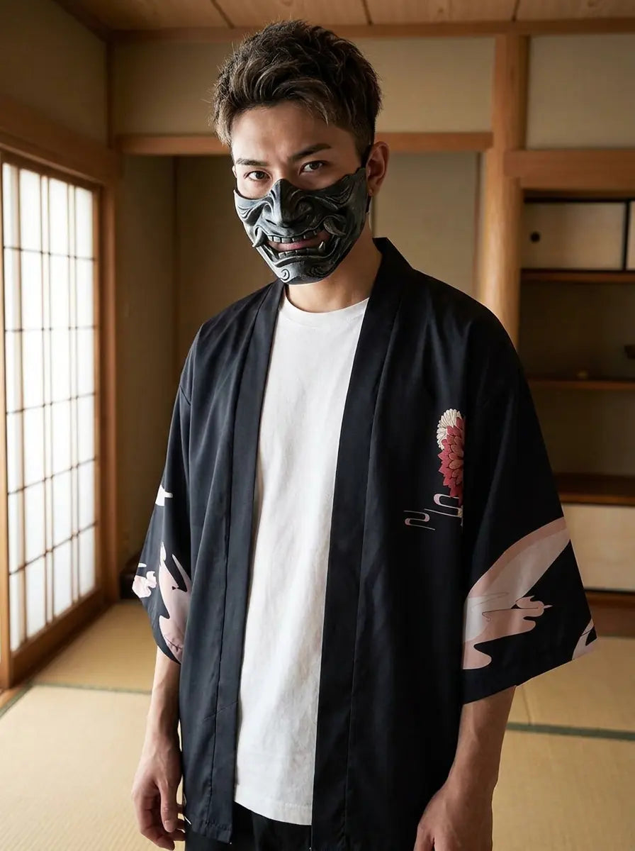 Man wearing a anime haori in a Japanese washitsu room with shoji screens, waist-up front view