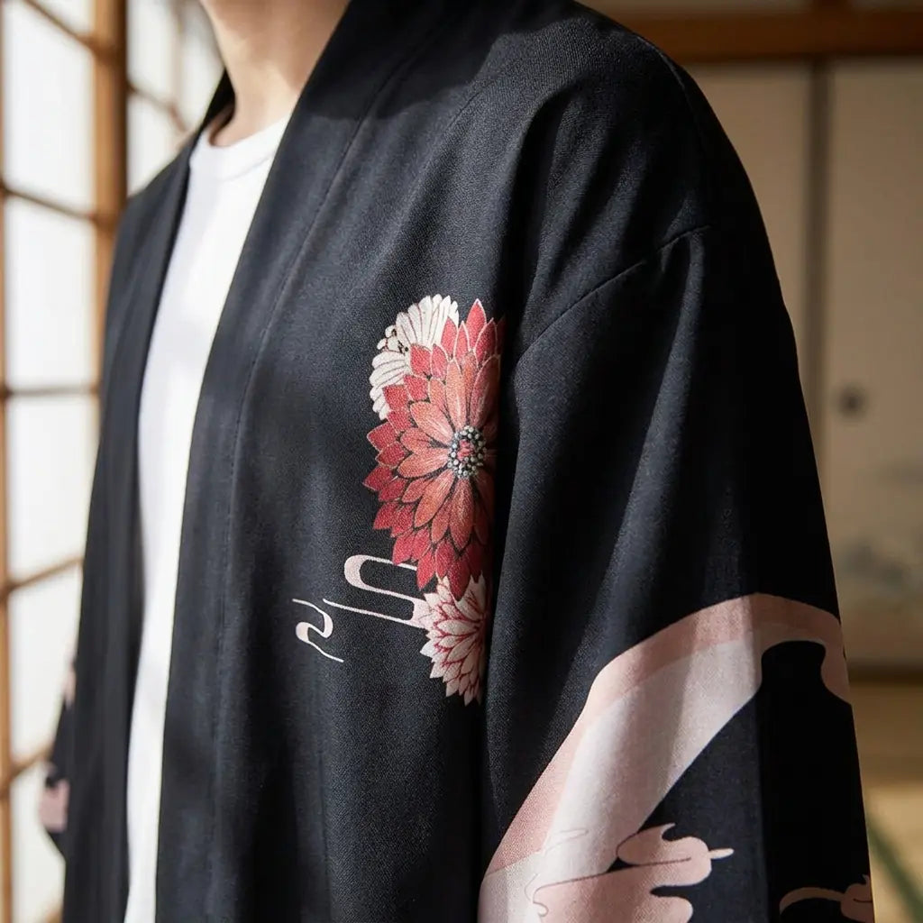 Close-up of the printed fabric and sleeve of a anime haori